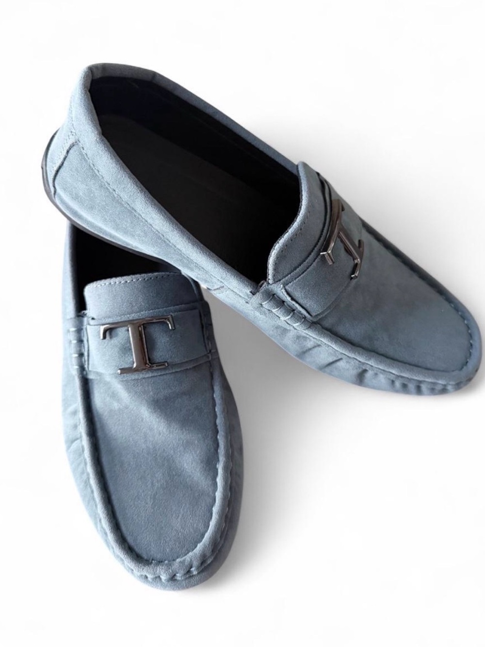 Men's Grey Blue Suede T-Bar Driver Loafers shoes, Sz 40